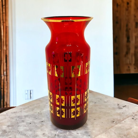 Vintage Glass Flower Vase Bright Red Cranberry and Gold  *READ* - Picture 1 of 5
